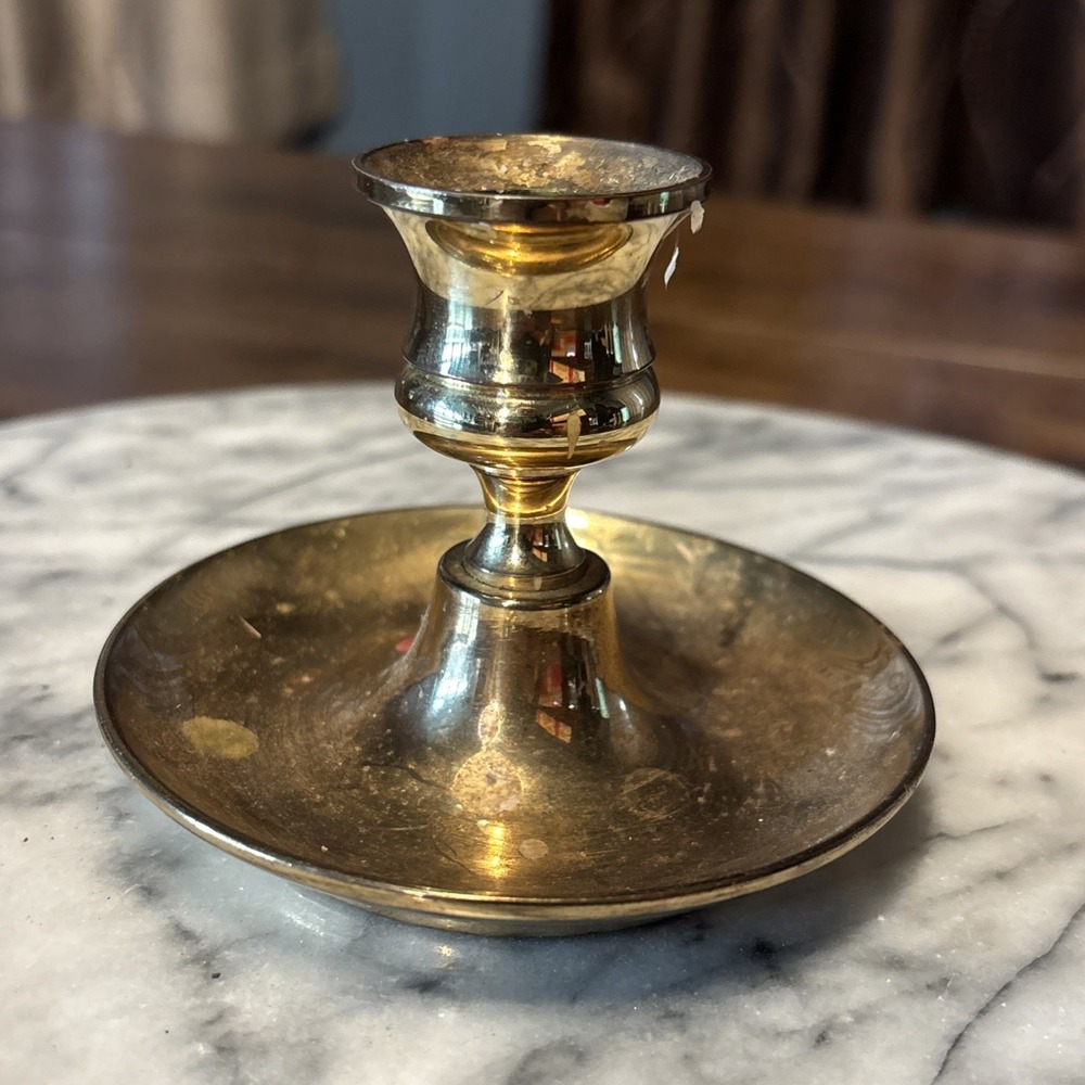 VTG 60s MCM Baldwin Solid Brass Candlestick Holder With Round 3.5" Drip Tray USA